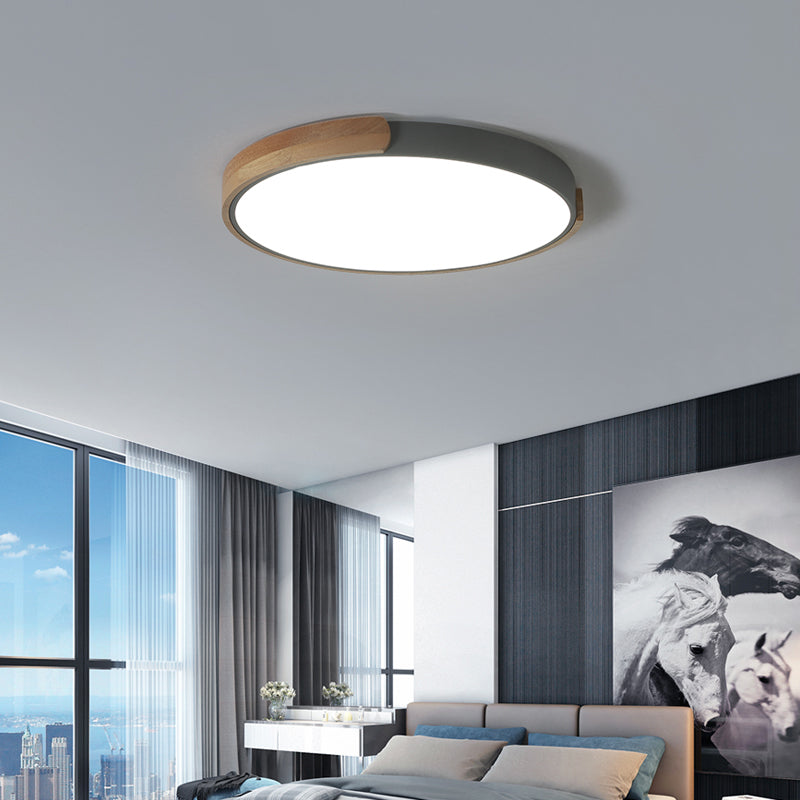 Grey Disk LED Ceiling Lighting Simplicity Acrylic Flush Mount Fixture with Wood Decoration