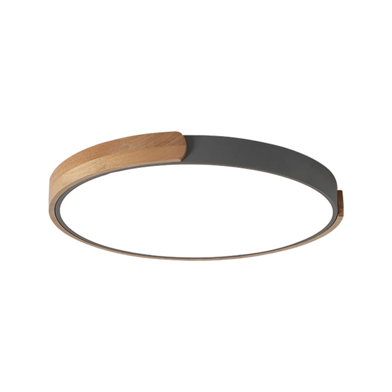 Plafonnier LED à disque gris, luminaire simple en acrylique avec décoration en bois