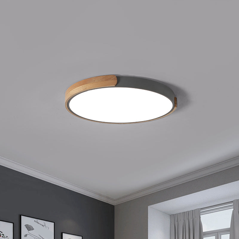 Plafonnier LED à disque gris, luminaire simple en acrylique avec décoration en bois