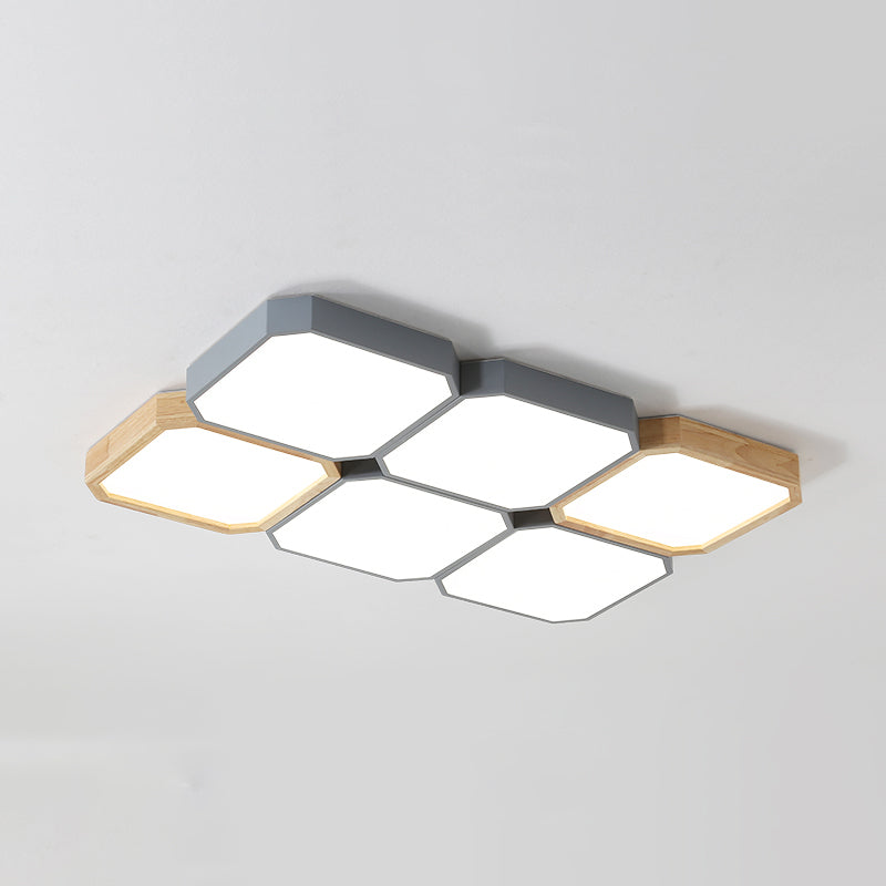 Checkered LED Flush Leuchte Nordic Metall Grau und Holz Deckenleuchte für Wohnzimmer