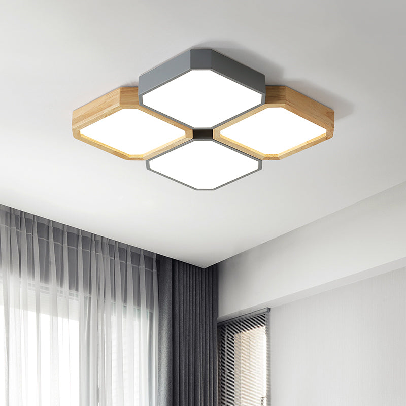 Checkered LED Flush Light Fixture Nordic Metal Grey and Wood Ceiling Lamp for Living Room