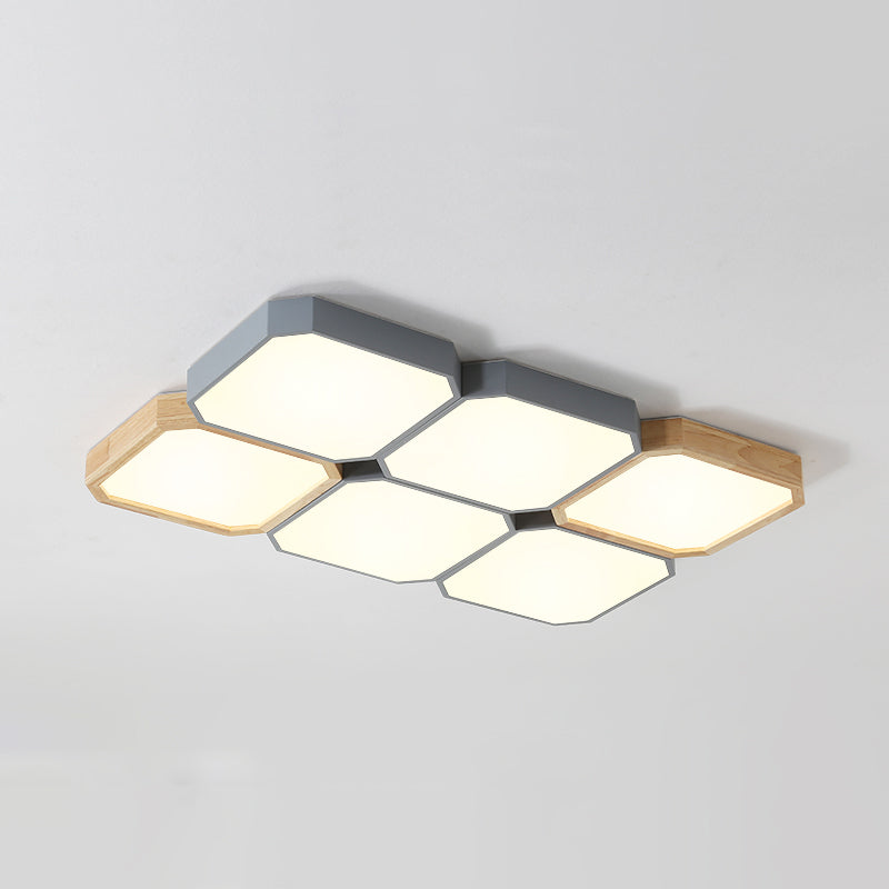 Checkered LED Flush Leuchte Nordic Metall Grau und Holz Deckenleuchte für Wohnzimmer