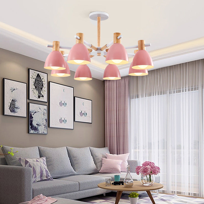 Bell Shaped Living Room Chandelier Metal Macaron Style Ceiling Hang Light with Wood Accents
