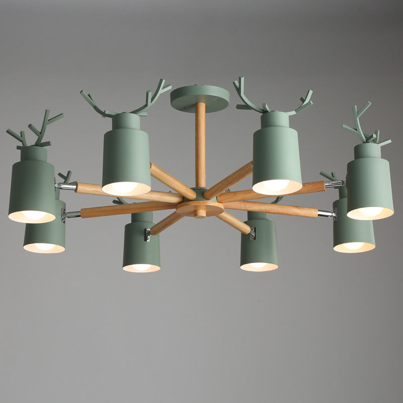 Metal Antler Adjustable Spotlight Nordic Chandelier Light with Cylindrical Shade and Wooden Arm