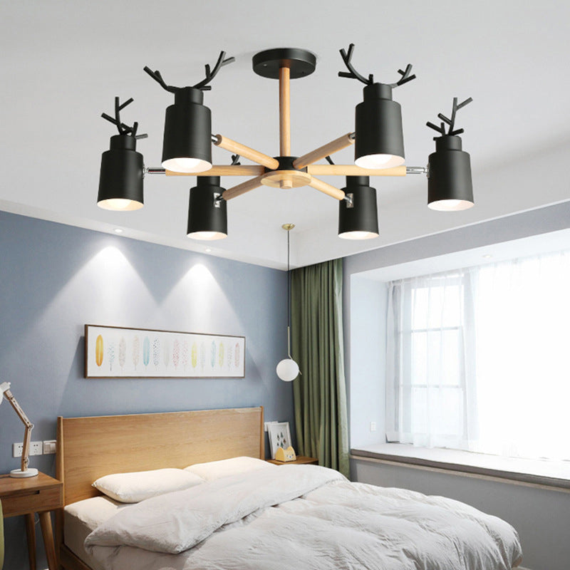 Spotlight réglable en métal en métal Lumière de lustre nordique avec une teinte cylindrique et un bras en bois