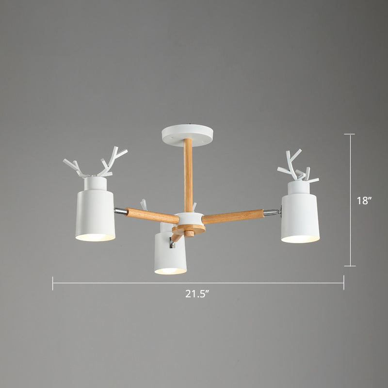 Metal Antler Adjustable Spotlight Nordic Chandelier Light with Cylindrical Shade and Wooden Arm