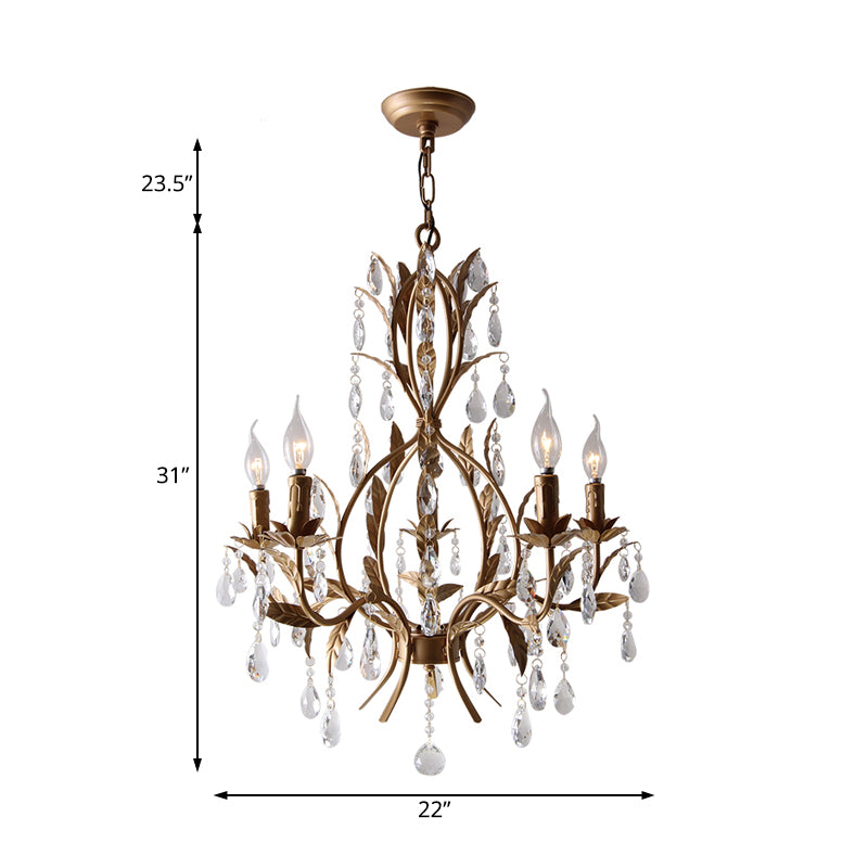 Brass Candle Chandelier Lamp Retro 5 Heads Metal Ceiling Pendant Light with Crystal Teardrop