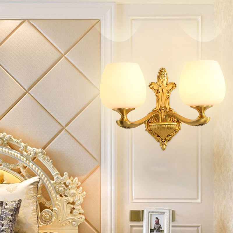 Conical Ivory Glass Wall Mounted Lamp Vintage 1/2-Bulb Bedroom Wall Lighting Fixture in Gold