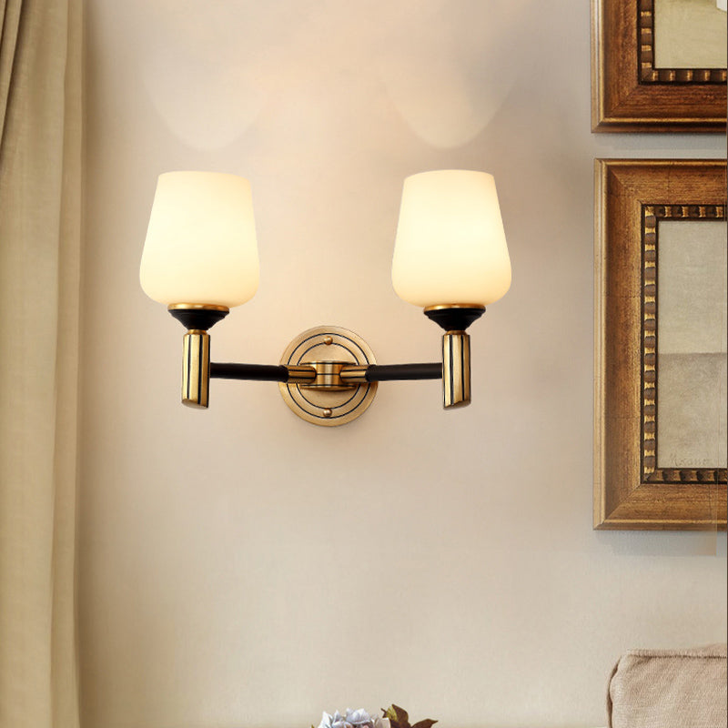 Vintage Conical Wall Light 1/2-Head Frosted Glass Wall Sconce Lighting in Black-Gold for Foyer