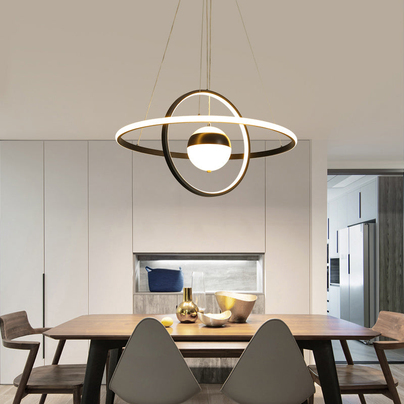 Ball and Ring Shaped Chandelier Minimalistic Acrylic Black Ceiling Pendant Light over Table