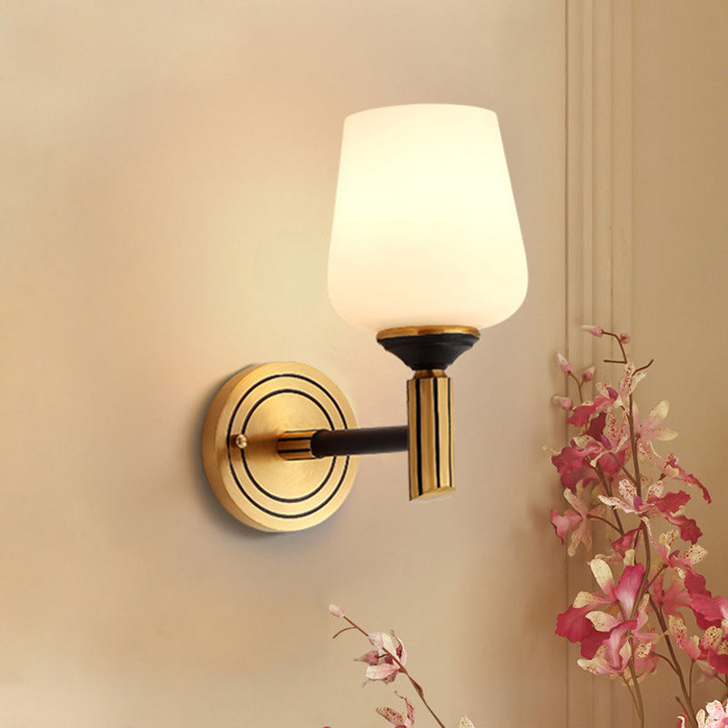 Vintage Conical Wall Light 1/2-Head Frosted Glass Wall Sconce Lighting in Black-Gold for Foyer