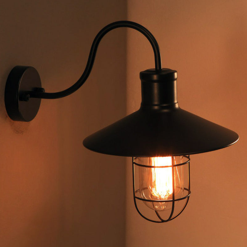 Black Conical Wall Lamp Industrial Metal 1 Head Corridor Gooseneck Wall Sconce with Cage