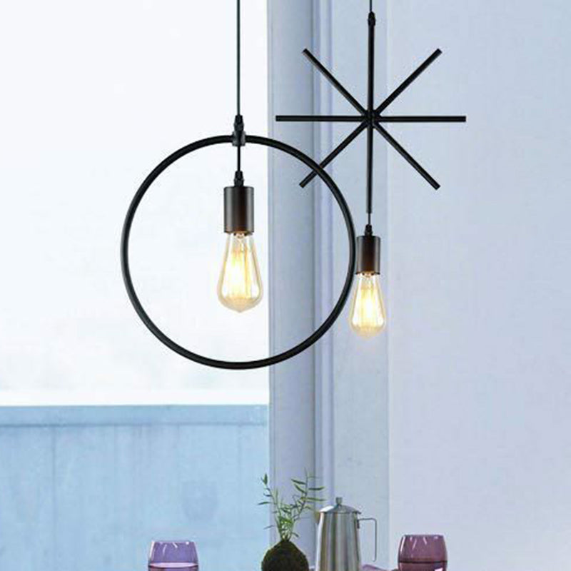 Luce a sospensione geometrica vintage Illuminazione a sospensione singola in metallo in nero per soggiorno