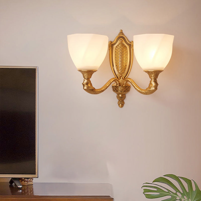 1/2 Lights Frosted Glass Wall Sconce Light Retro Gold Dome Entry Wall Lamp with Metal Scrolled Arm