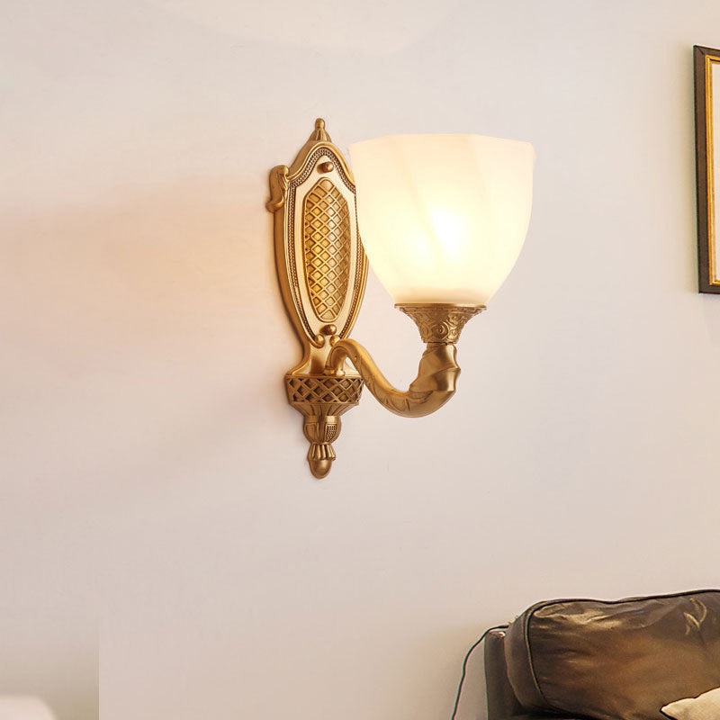 1/2 Lights Frosted Glass Wall Sconce Light Retro Gold Dome Entry Wall Lamp with Metal Scrolled Arm