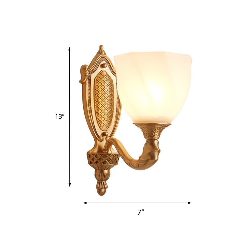 1/2 Lights Frosted Glass Wall Sconce Light Retro Gold Dome Entry Wall Lamp with Metal Scrolled Arm