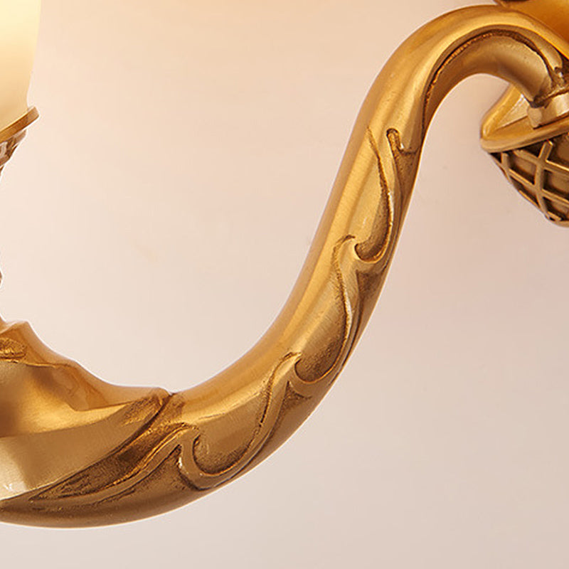 1/2 Lights Frosted Glass Wall Sconce Light Retro Gold Dome Entry Wall Lamp with Metal Scrolled Arm