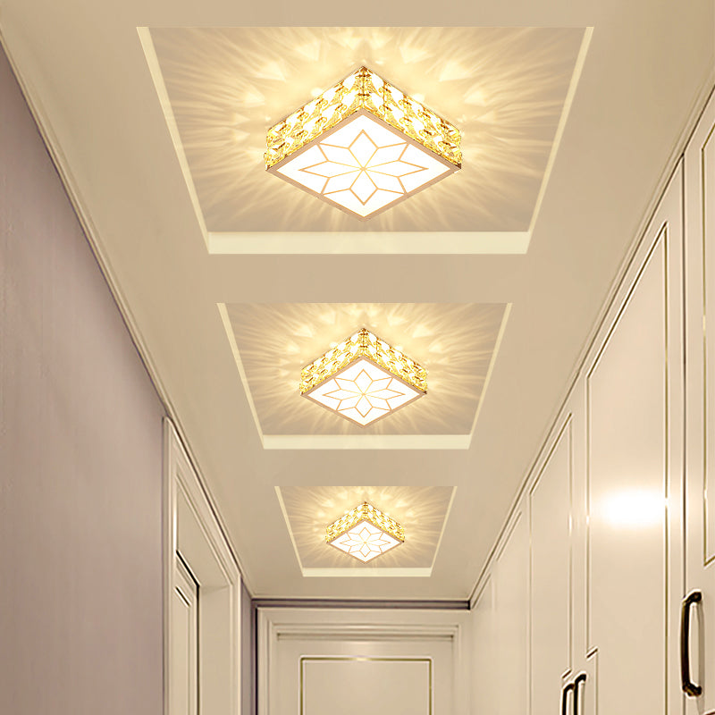 Square Ceiling Mount Light Fixture Simple Crystal Embedded Clear LED Flush Mounted Light for Hallway