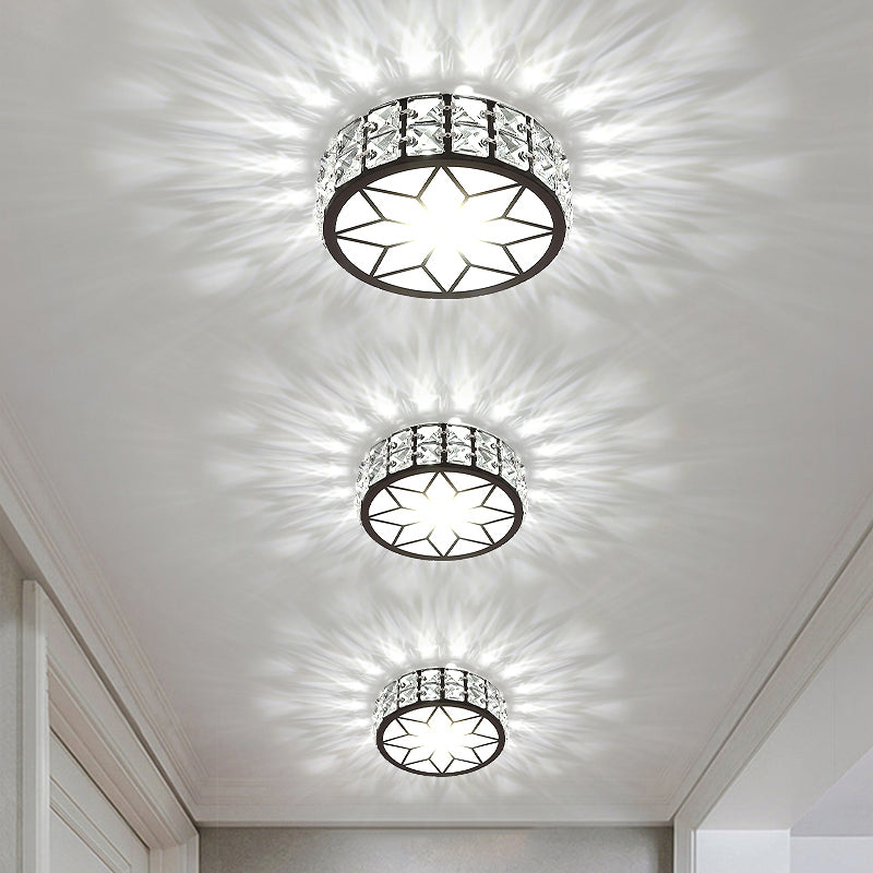 Metal Round LED Ceiling Spotlight Minimalist Black Flush Mount Lighting with Inserted Crystals