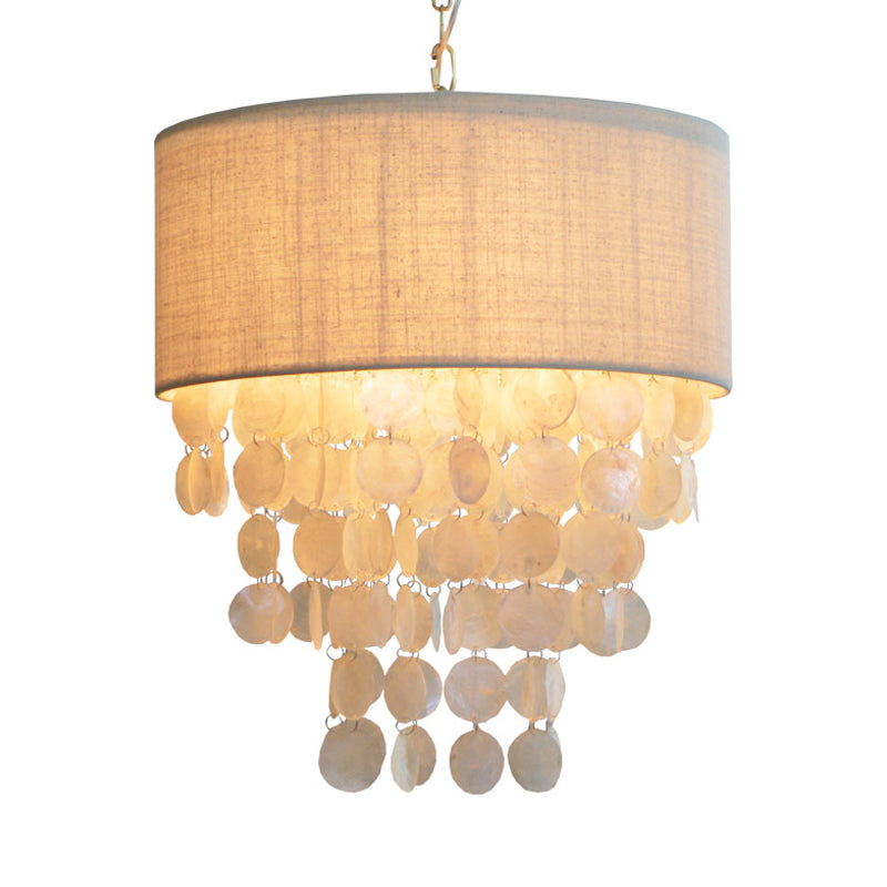 Tassel Shell Hanging Chandelier Retro 3 Heads White Ceiling Pendant Light with Drum Fabric Shade for Living Room
