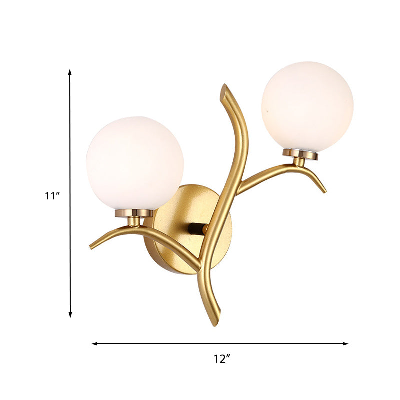 2 Bulbs White Glass Wall Sconce Modern Gold/Black Globe Dining Room Sconce Light with Branch-Shaped Arm