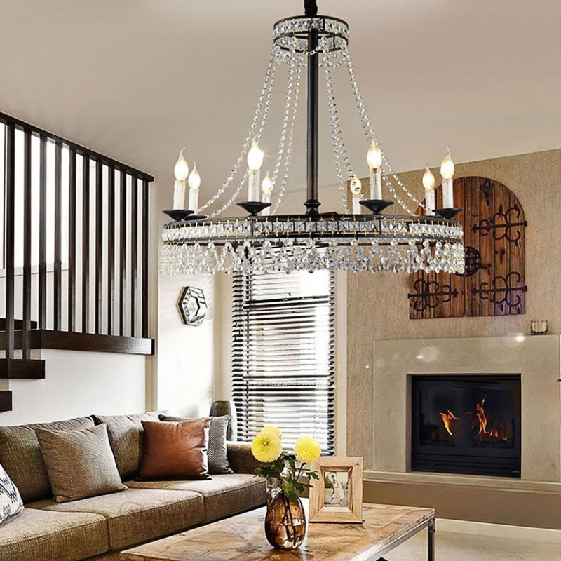 Black Round Chandelier Lamp Nordic Crystal 4/6/8 Heads Pendant Lighting Fixture for Living Room