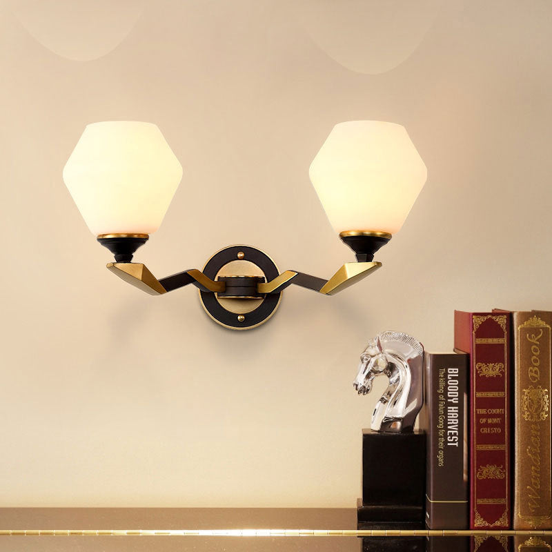 Black-Gold 1/2-Light Wall Light Antique Ivory Glass Geometric Sconce Light with Swooping Arm for Bedroom
