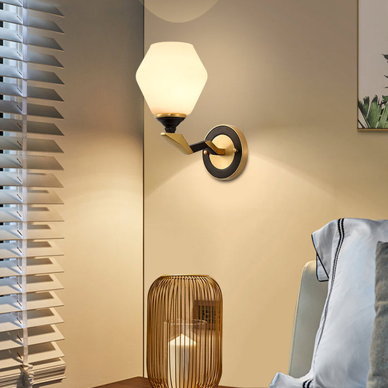Black-Gold 1/2-Light Wall Light Antique Ivory Glass Geometric Sconce Light with Swooping Arm for Bedroom