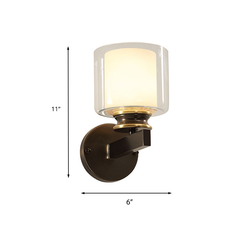 Black 1-Light Wall Mounted Light Traditional Metal Cylinder Wall Sconce with Double-Tier Glass Shade for Bedroom