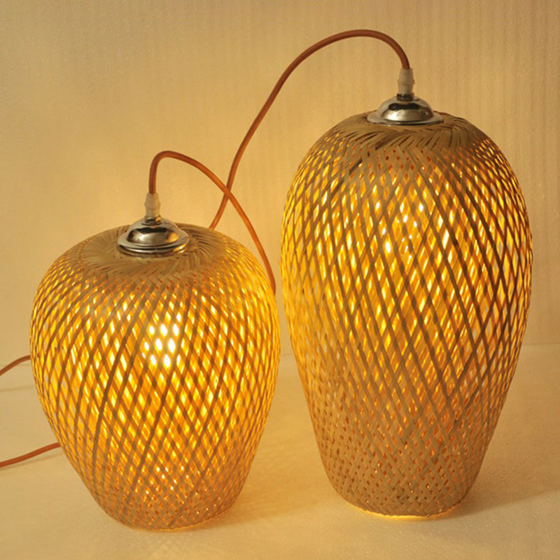 Chinese Hand-Weaving Hanging Light Bamboo 1 Head Living Room Pendulum Light in Beige