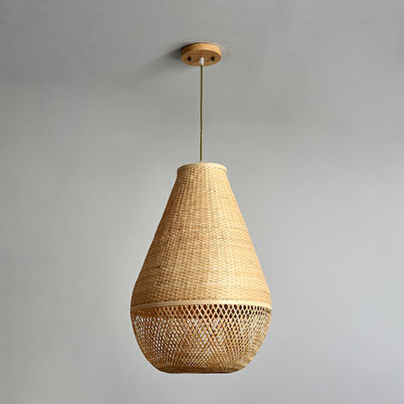 Bamboo Woven Droplet Shaped Pendant Simplicity 1-Bulb Beige Hanging Light over Table