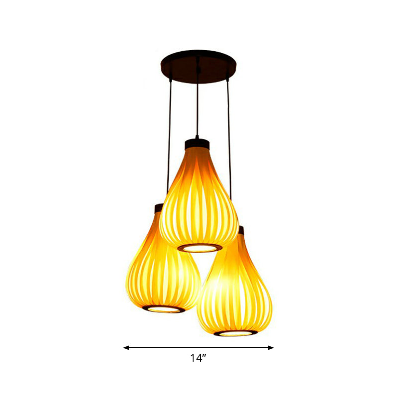 Wooden Teardrop Cluster Pendant Light Asian 3-Head Hanging Ceiling Light for Restaurant