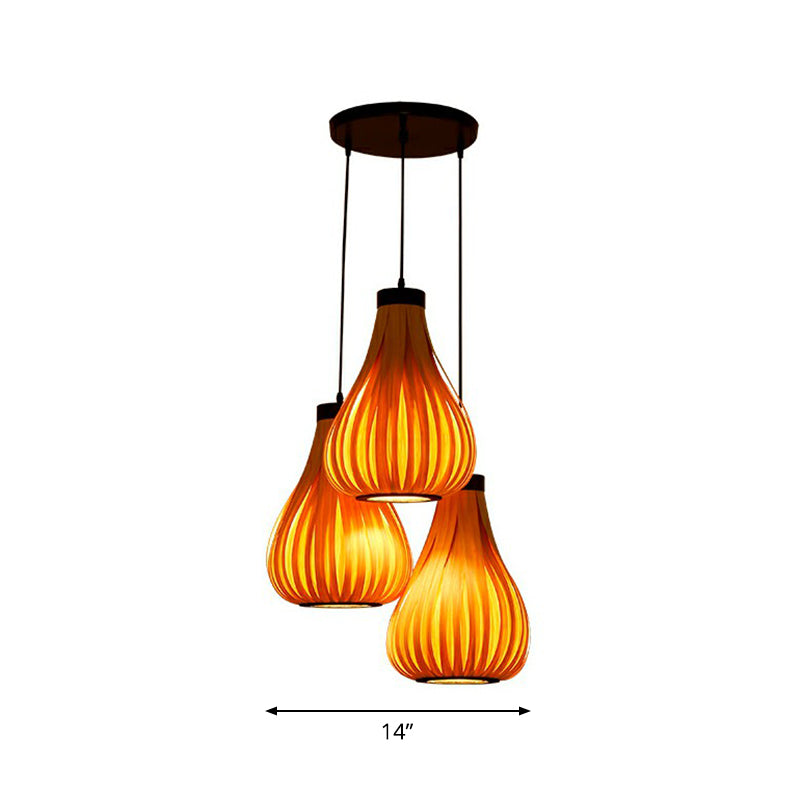 Wooden Teardrop Cluster Pendant Light Asian 3-Head Hanging Ceiling Light for Restaurant