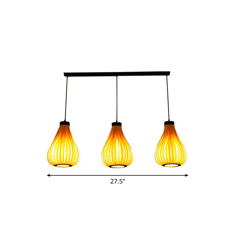 Wooden Teardrop Cluster Pendant Light Asian 3-Head Hanging Ceiling Light for Restaurant
