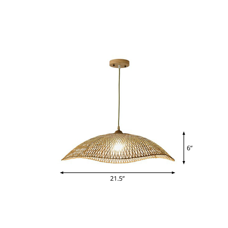 Wave-Edge Suspension Lighting Asian Bamboo 1-Bulb Bedroom Pendant Light in Beige