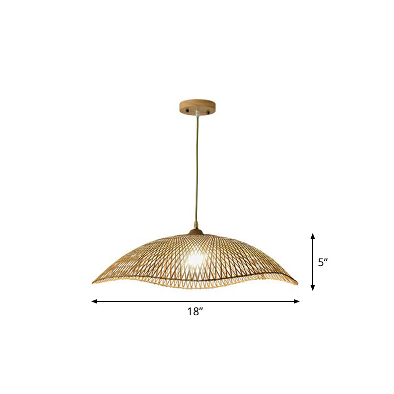 Wave-Edge Suspension Lighting Asian Bamboo 1-Bulb Bedroom Pendant Light in Beige