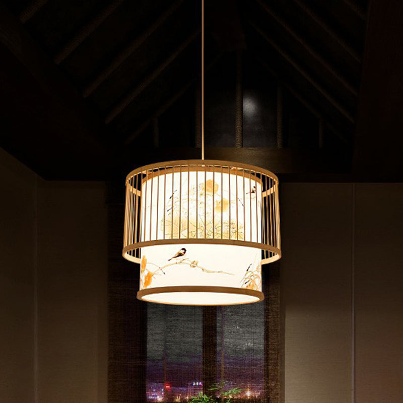 Cage Style Bamboo Pendant Ceiling Light Chinese 1 Bulb Beige Hanging Light for Tearoom