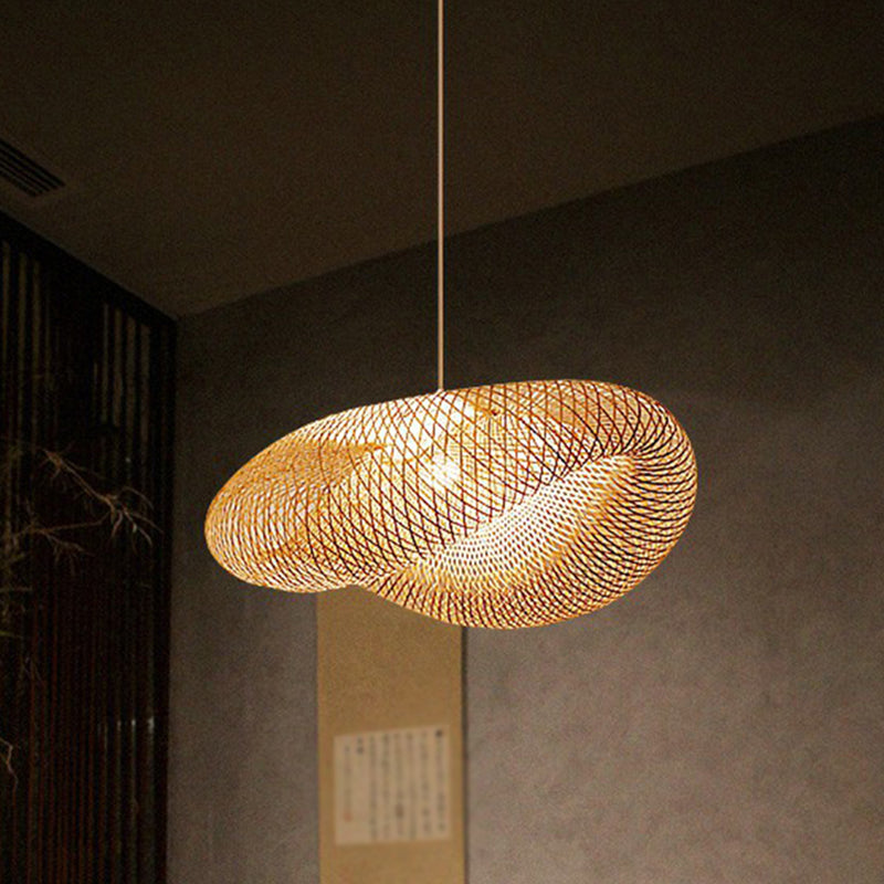 Cage Style Bamboo Pendant Ceiling Light Chinese 1 Bulb Beige Hanging Light for Tearoom