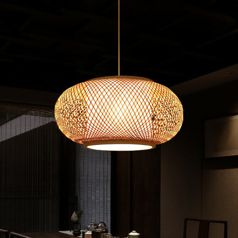 Cage Style Bamboo Pendant Ceiling Light Chinese 1 Bulb Beige Hanging Light for Tearoom