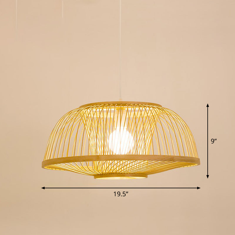 Cage Style Bamboo Pendant Ceiling Light Chinese 1 Bulb Beige Hanging Light for Tearoom