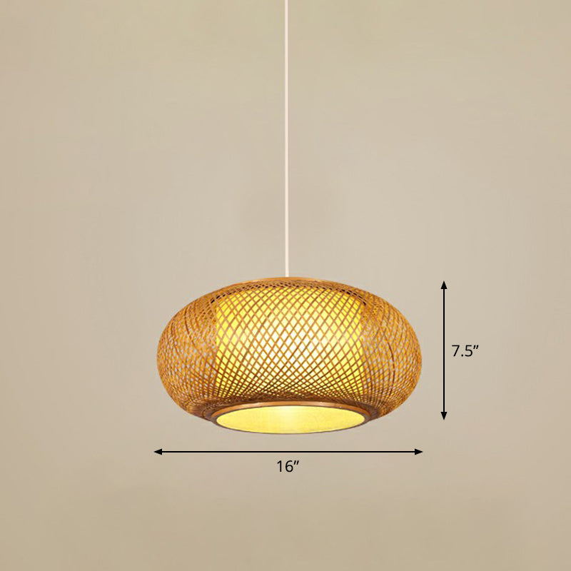 Cage Style Bamboo Pendant Ceiling Light Chinese 1 Bulb Beige Hanging Light for Tearoom