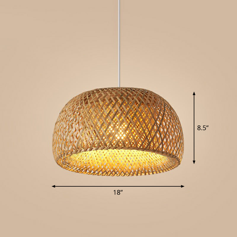 Cage Style Bamboo Pendant Ceiling Light Chinese 1 Bulb Beige Hanging Light for Tearoom