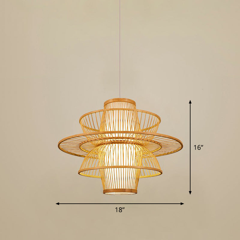 Cage Style Bamboo Pendant Ceiling Light Chinese 1 Bulb Beige Hanging Light for Tearoom