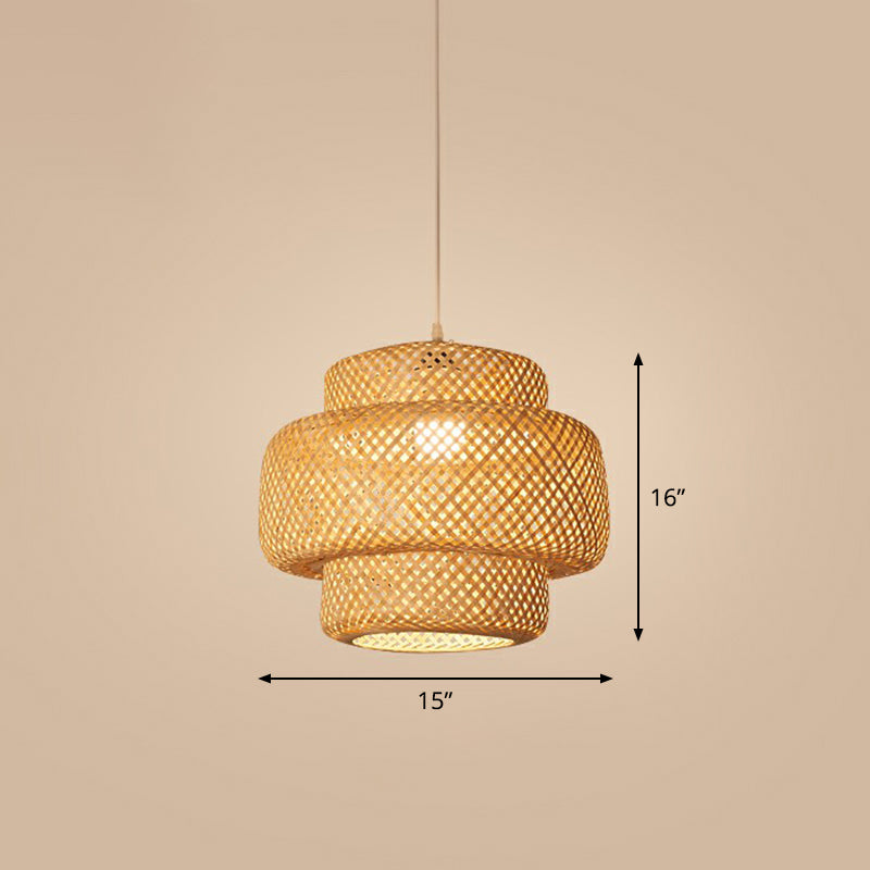 Cage Style Bamboo Pendant Ceiling Light Chinese 1 Bulb Beige Hanging Light for Tearoom