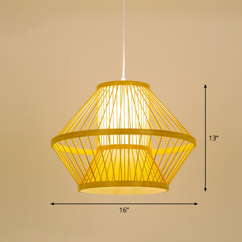 Cage Style Bamboo Pendant Ceiling Light Chinese 1 Bulb Beige Hanging Light for Tearoom