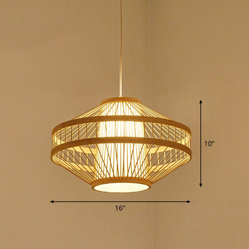 Cage Style Bamboo Pendant Ceiling Light Chinese 1 Bulb Beige Hanging Light for Tearoom