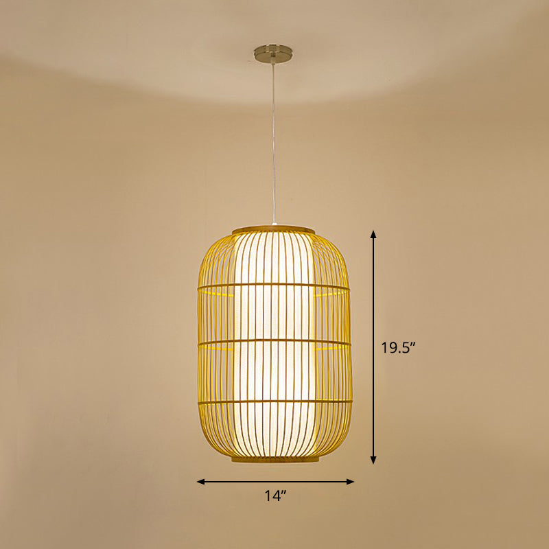 Cage Style Bamboo Pendant Ceiling Light Chinese 1 Bulb Beige Hanging Light for Tearoom