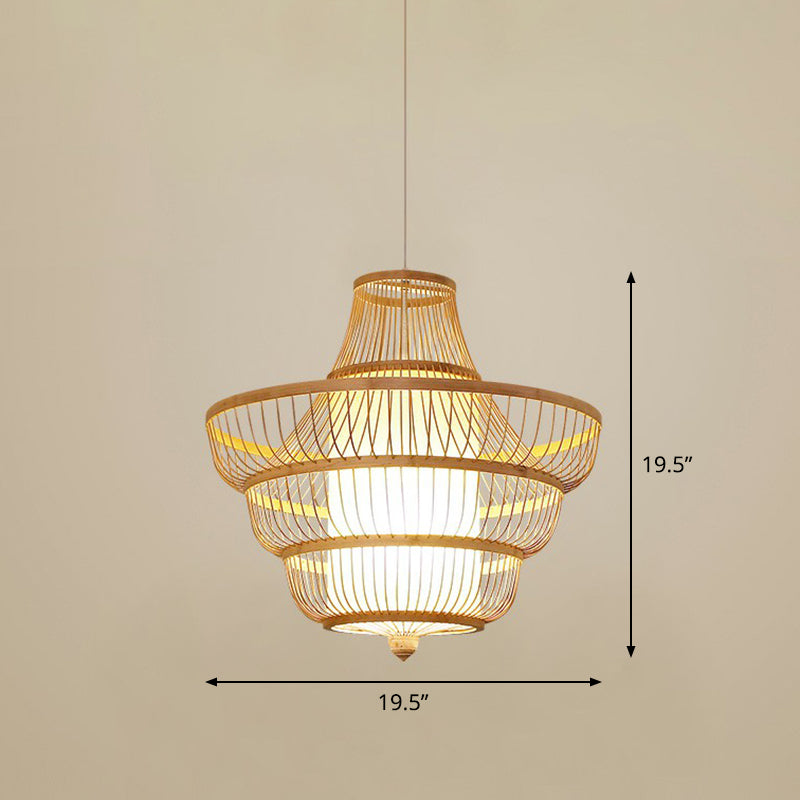 Cage Style Bamboo Pendant Ceiling Light Chinese 1 Bulb Beige Hanging Light for Tearoom