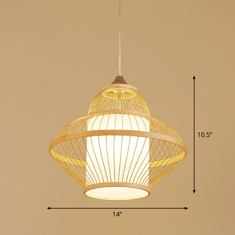 Cage Style Bamboo Pendant Ceiling Light Chinese 1 Bulb Beige Hanging Light for Tearoom