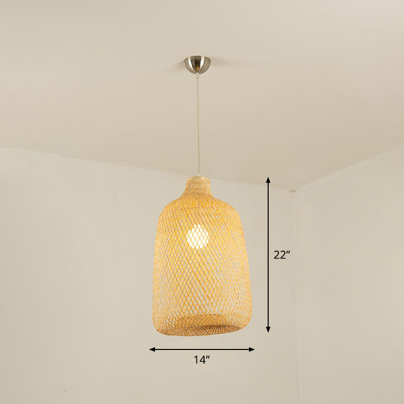 Beige Geometric Hanging Pendant Light Asia 1-Light Bamboo Suspension Lighting Fixture